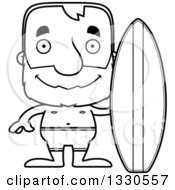 Lineart Clipart Of A Cartoon Black And White Happy Block Headed White Senior Man Surfer Royalty Free Outline Vector Illustration