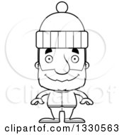 Lineart Clipart Of A Cartoon Black And White Happy Block Headed White Senior Man In Winter Clothes Royalty Free Outline Vector Illustration