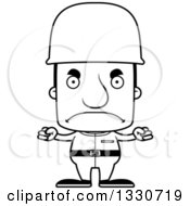 Lineart Clipart Of A Cartoon Black And White Mad Block Headed White Man Soldier Royalty Free Outline Vector Illustration