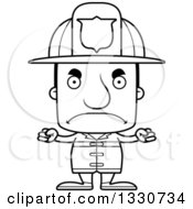 Lineart Clipart Of A Cartoon Black And White Mad Block Headed White Man Firefighter Royalty Free Outline Vector Illustration