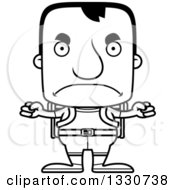 Lineart Clipart Of A Cartoon Black And White Mad Block Headed White Man Hiker Royalty Free Outline Vector Illustration