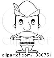 Lineart Clipart Of A Cartoon Black And White Mad Block Headed White Robin Hood Man Royalty Free Outline Vector Illustration