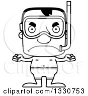 Lineart Clipart Of A Cartoon Black And White Mad Block Headed White Man In Snorkel Gear Royalty Free Outline Vector Illustration