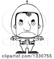 Lineart Clipart Of A Cartoon Black And White Mad Block Headed Futuristic White Space Man Royalty Free Outline Vector Illustration