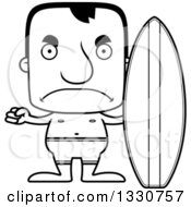 Lineart Clipart Of A Cartoon Black And White Mad Block Headed White Man Surfer Royalty Free Outline Vector Illustration