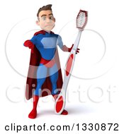 Clipart Of A 3d Young Brunette White Male Super Hero In A Blue And Red Suit Giving A Thumb Down And Holding A Toothbrush Royalty Free Illustration