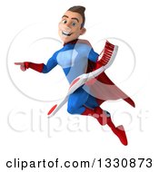 Clipart Of A 3d Young Brunette White Male Super Hero In A Blue And Red Suit Flying Pointing And Holding A Toothbrush Royalty Free Illustration