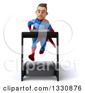 Clipart Of A 3d Young Brunette White Male Super Hero In A Blue And Red Suit Sprinting On A Treadmill Royalty Free Illustration