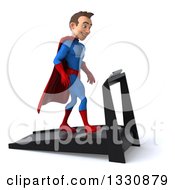 Clipart Of A 3d Young Brunette White Male Super Hero In A Blue And Red Suit Facing Right Walking On A Treadmill Royalty Free Illustration