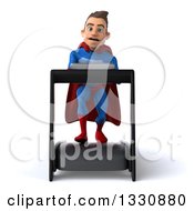 Clipart Of A 3d Young Brunette White Male Super Hero In A Blue And Red Suit Struggling And Walking On A Treadmill Royalty Free Illustration