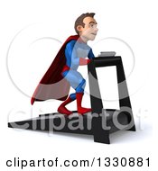 Clipart Of A 3d Young Brunette White Male Super Hero In A Blue And Red Suit Facing Right Struggling And Walking On A Treadmill Royalty Free Illustration