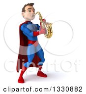 Clipart Of A 3d Young Brunette White Male Super Hero In A Blue And Red Suit Facing Right Leaning Back And Playing A Saxophone Royalty Free Illustration