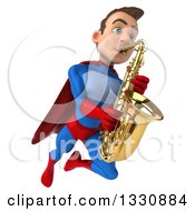Clipart Of A 3d Young Brunette White Male Super Hero In A Blue And Red Suit Flying And Playing A Saxophone 2 Royalty Free Illustration