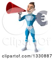 Clipart Of A 3d Young White Male Super Hero In A Light Blue Suit Holding A Euro Symbol And Announcing With A Megaphone Royalty Free Illustration