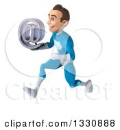 Clipart Of A 3d Young White Male Super Hero In A Light Blue Suit Sprinting To The Left And Holding An Email Arobase At Symbol Royalty Free Illustration