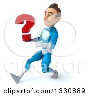 Clipart Of A 3d Young White Male Super Hero In A Light Blue Suit Speed Walking To The Left And Holding A Question Mark Royalty Free Illustration