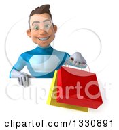 Clipart Of A 3d Young White Male Super Hero In A Light Blue Suit Holding Shopping Bags Over A Sign Royalty Free Illustration