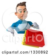 Clipart Of A 3d Young White Male Super Hero In A Light Blue Suit Giving A Thumb Down And Holding Shopping Bags Over A Sign Royalty Free Illustration