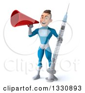 Clipart Of A 3d Young White Male Super Hero In A Light Blue Suit Holding A Vaccine Syringe And Announcing With A Megaphone Royalty Free Illustration