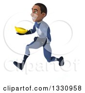 Clipart Of A 3d Young Black Male Super Hero Dark Blue Suit Sprinting To The Left And Holding A Banana Royalty Free Illustration