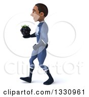Clipart Of A 3d Young Black Male Super Hero Dark Blue Suit Walking To The Left And Holding A Blackberry Royalty Free Illustration