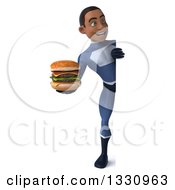 Clipart Of A 3d Full Length Young Black Male Super Hero Dark Blue Suit Holding A Double Cheeseburger And Looking Around A Sign Royalty Free Illustration