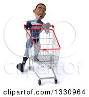 Clipart Of A 3d Young Black Male Super Hero Dark Blue Suit Speed Walking With A Shopping Cart Royalty Free Illustration