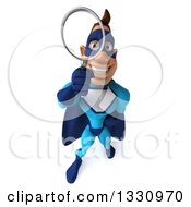 Clipart Of A 3d Caucasian Blue Male Super Hero Looking Up Searching With A Magnifying Glass Royalty Free Illustration