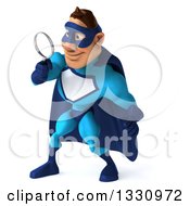 Clipart Of A 3d Caucasian Blue Male Super Hero Facing Left Looking Slightly Down Searching With A Magnifying Glass Royalty Free Illustration