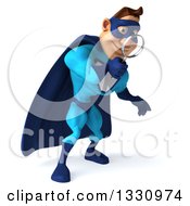 Clipart Of A 3d Caucasian Blue Male Super Hero Facing Slightly Right Looking Down Searching With A Magnifying Glass Royalty Free Illustration