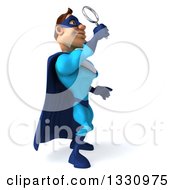 Clipart Of A 3d Caucasian Blue Male Super Hero Facing Right Looking Up And Searching With A Magnifying Glass Royalty Free Illustration