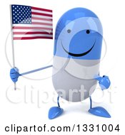 Clipart Of A 3d Happy Blue And White Pill Character Holding An American Flag Royalty Free Illustration