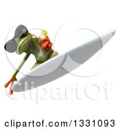 Clipart Of A 3d Green Business Springer Frog Wearing Sunglasses Drinking A Beverage And Surfing Royalty Free Illustration