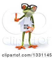 Clipart Of A 3d Bespectacled Green Springer Frog Holding A House And Giving A Thumb Up Royalty Free Illustration