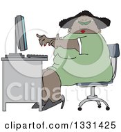 Cartoon Chubby Black Woman Wearing Glasses And Working At A Computer Desk
