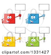 Poster, Art Print Of Cartoon Colorful Shopping Bag Characters Holding Up Blank Signs