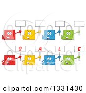 Poster, Art Print Of Cartoon Colorful Shopping Bag Characters Holding Up Blank And Sale Signs 2
