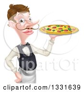 Cartoon Caucasian Male Waiter With A Curling Mustache Holding A Pizza On A Tray