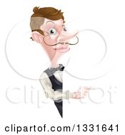 Cartoon Caucasian Male Waiter With A Curling Mustache Pointing Around A Sign