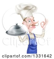 Clipart Of A White Male Chef With A Curling Mustache Gesturing Ok And Holding A Cloche Platter Royalty Free Vector Illustration