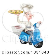 Happy Pizza Delivery Chef With A Curling Mustache Holding Up A Pie On A Scooter