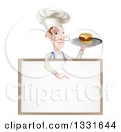 Poster, Art Print Of White Male Chef With A Curling Mustache Holding A Cheeseburger On A Platter And Pointing Down Over A Blank Menu Sign Board