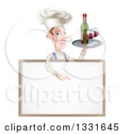 Poster, Art Print Of White Male Chef With A Curling Mustache Pointing Down And Holding A Tray With Red Wine Over A Blank Menu Sign Board