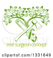 Clipart Of A Gradient Green Crossed Chainsaw And Axe And A Tree Over Sample Text Royalty Free Vector Illustration