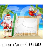 Poster, Art Print Of Christmas Santa Claus Giving A Thumb Up And Standing With A Surf Board On A Tropical Beach By A Blank White Sign With A Parrot