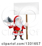 Poster, Art Print Of Happy Santa Claus Holding A Food Cloche Platter And Blank Sign