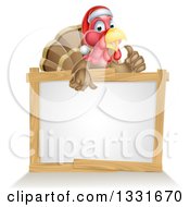 Poster, Art Print Of Christmas Turkey Bird Wearing A Santa Hat And Giving A Thumb Up Over A Blank White Sign 2