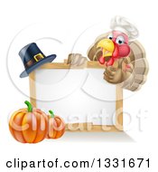 Poster, Art Print Of Happy Chef Thanksgiving Turkey Bird Giving A Thumb Up Over A Pumpkin Blank White Board Sign And Pilgrim Hat