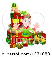 Poster, Art Print Of Young Brunette White Male Christmas Elf Surrounded With Gifts