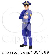 Full Length Happy Caucasian Male Police Officer Standing With Folded Arms And Wearing Sunglasses